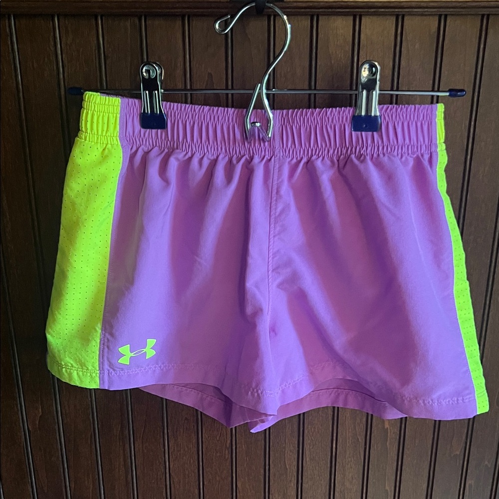 Under Armour Girls Purple Shorts with Neon Green Side Panels